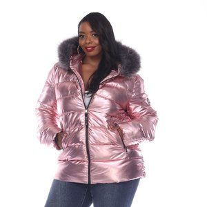 Plus Size Metallic Puffer Coat with Hoodie